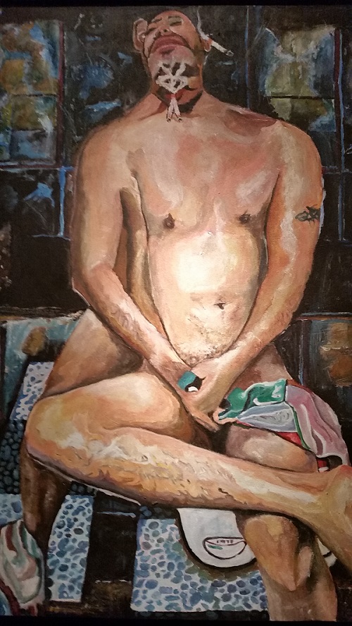 Heng Ravuth, « Smoking in Toilet », acrylique sur toile, 2015-2016